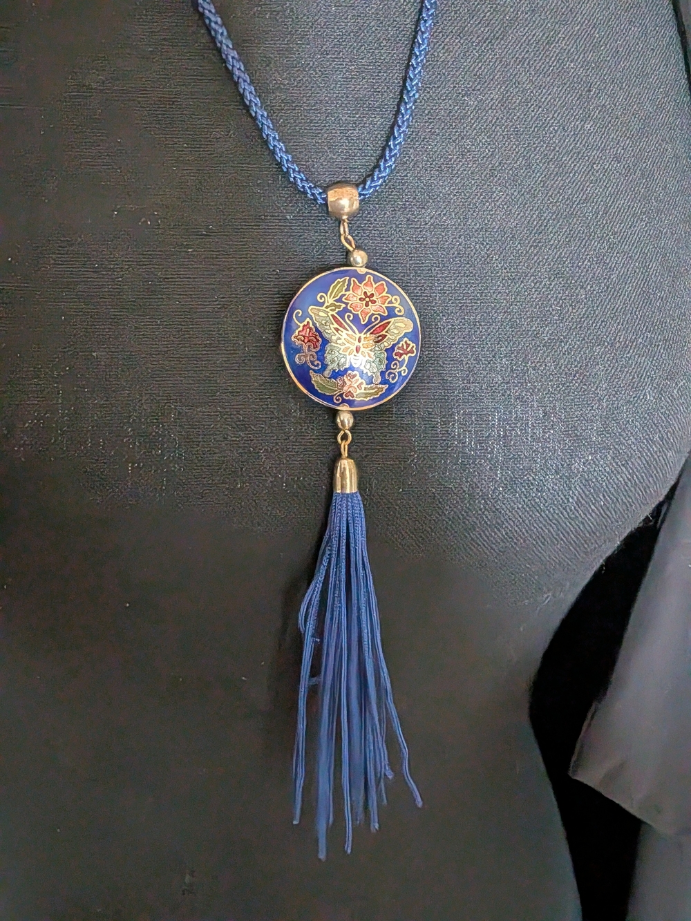 vintage Japanese blue cloisonné enamel pendant necklace floral And butterfly